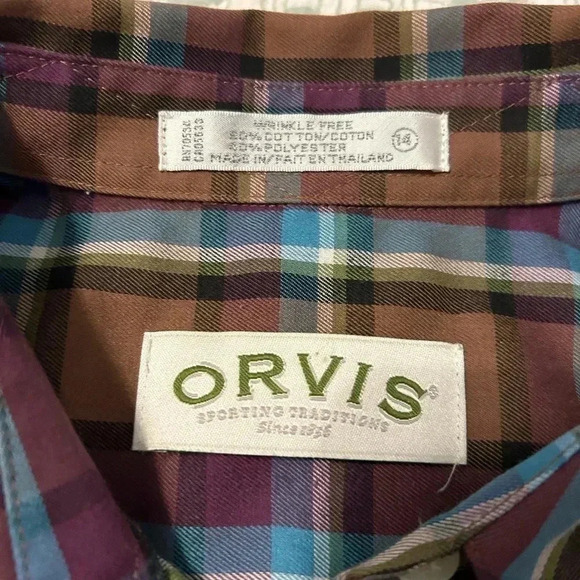 ORVIS Plaid Button Down Wrinkle Free Shirt Blue Brown Sz 14 Measurement in pics - Picture 6 of 9